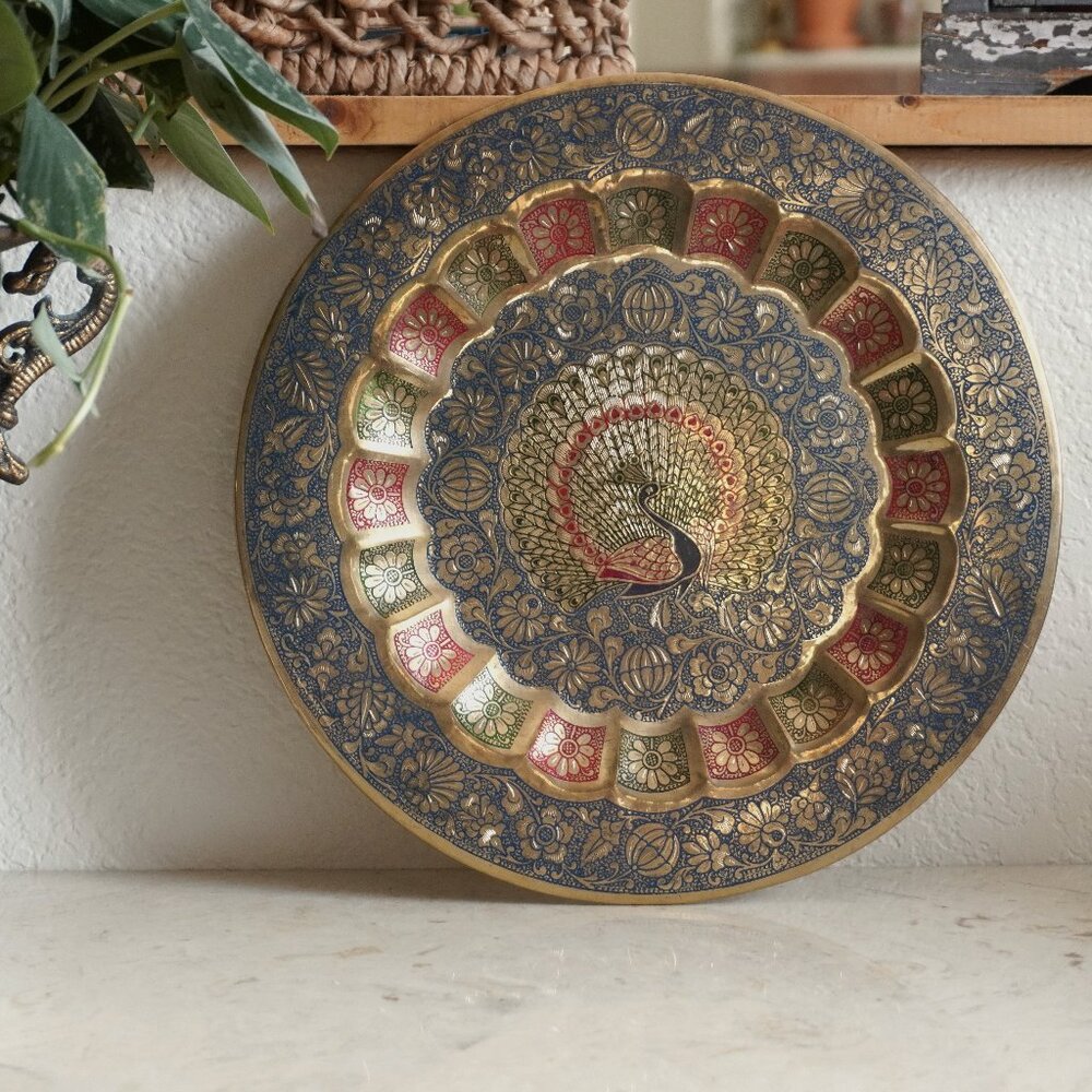 Brass enameled peacock motif metal wall hanging decor